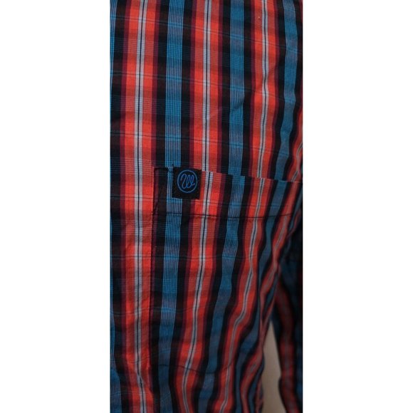 Wrangler Performance Mens Medium Red blue Stripe Long Sleeve Button Logo Shirt - Picture 2 of 11